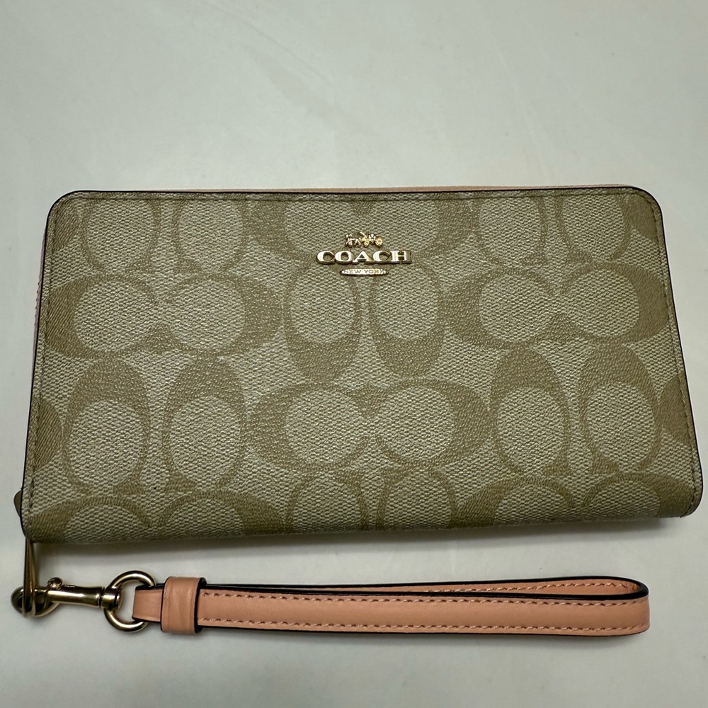 Coach Khaki Signature Wristlet with Pink Strap